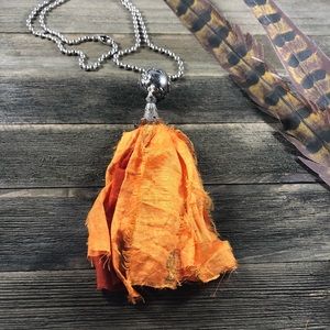 Orange Sari Ribbon Tassel Necklace